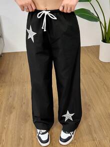 SHEIN 青少年女孩黑色星星贴片撞色抽绳编织休闲风裤，街头运动百搭长裤 - 黑色 - 查看 7