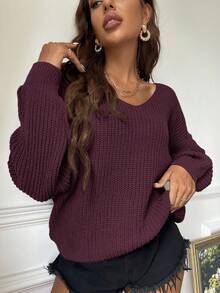 SHEIN Essnce Women's Casual Solid Color Drop Shoulder Sweater, Autumn/Winter, Fall - Red Violet - View 3