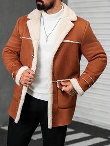 Manfinity Homme Men's Solid Color Double Breasted Casual Jacket, Fall/Winter, Mix And Match Fall Men Clothes, Winter Men Khaki Coat, Fleece Warm Coat Men Long Coat Men Shearling Coat Men Outerwear Earthy Coat Men Burnt Orange Coat Men - Brown - View 3