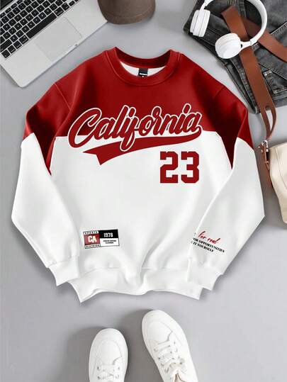 Manfinity Campus Court Sudadera con bloques de color en contraste rojo y blanco, estilo retro americano No.23 de California, sudadera casual de estilo pullover para jóvenes, diseño unisex de pareja con gráfico americano rojo 23