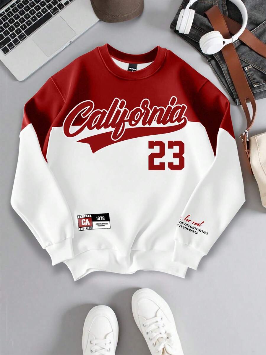 Manfinity Campus Court Áo nỉ California số 23 màu đỏ và trắng phối tương phản, kiểu dáng retro Mỹ, áo nỉ chui đầu thoải mái dành cho thanh thiếu niên, thiết kế unisex cho cặp đôi với họa tiết đồ họa Mỹ màu đỏ số 23. - Nhiều màu - Xem 1