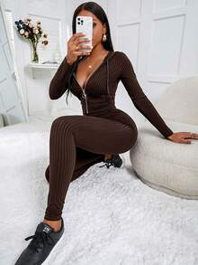 Zolique Women's Solid Color Long Sleeve Zip-Up Hooded Top And Drawstring Pants Casual 2 Pieces Set, Autumn - Brown - View 5