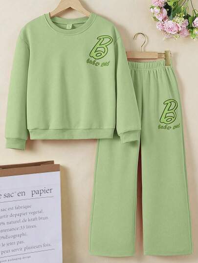 SHEIN 2件女童字母印花纯色卫衣+运动裤套装