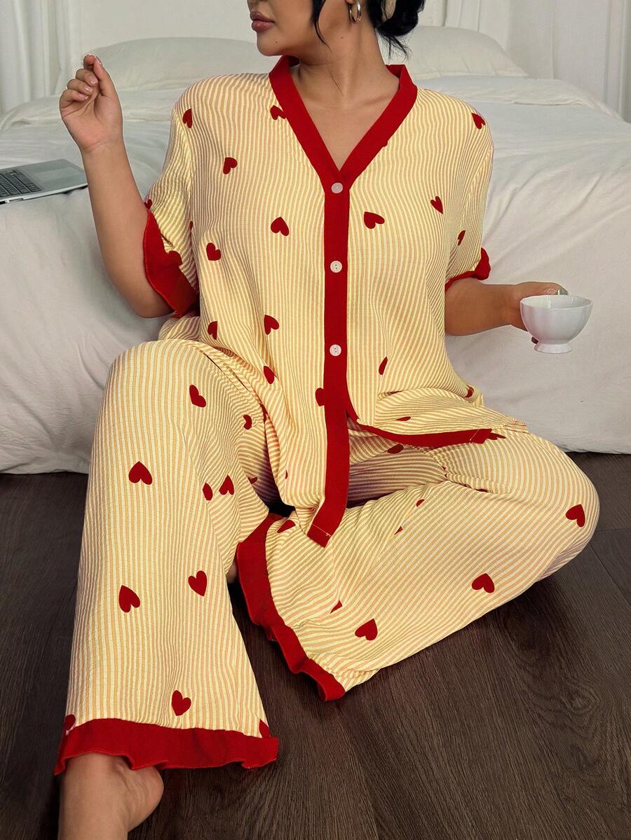 Dream Adore 条纹心形印花拼色大码睡衣套装 - 彩色 - 查看 1