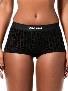 SUMWON WOMEN Mesh Boyshort With Geometric Pattern And Lace Trim - Black - View 4