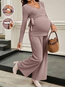 SHEIN Bộ 2 áo thun dài tay gân màu trơn cho bà bầu và quần ống đứng rộng rãi - Hồng - Xem 4