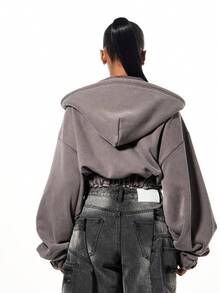 SUMWON WOMEN Oversized Cropped Hoodie With Raw Edge Star Detail And Washed Finish For Casual Streetwear Style - Grey - View 2
