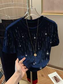 Resyla Shiny Rhinestone Embellished Minimalist Women's Regular Crew Neck Short Sleeve T-Shirt, Gift For Friends - Navy Blue - View 3