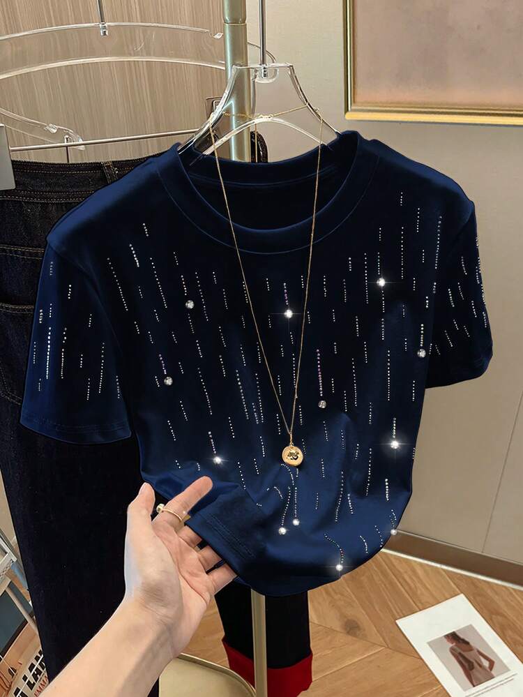 Resyla 闪亮水钻装饰简约女式常规圆领短袖 T 恤，送给朋友的礼物 - 藏蓝色 - 查看 3