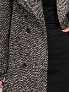 SHEIN BAE 大翻领花纹双排扣长款大衣，长款大衣女，风衣女，羊毛大衣女，粗斜纹羊毛大衣，秋冬优雅休闲外套 - 棕色 - 查看 7