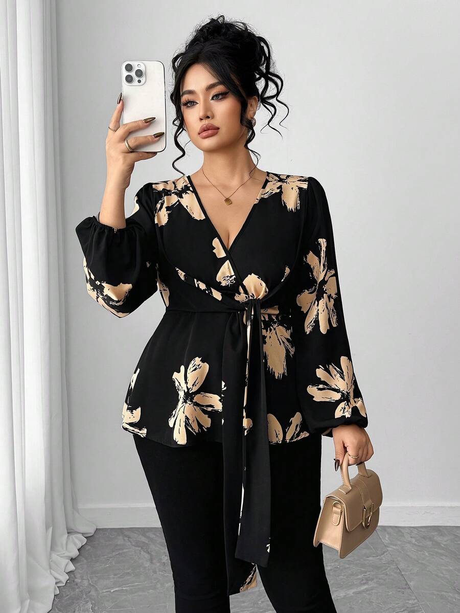Elenzga Vestido maxi con cuello cruzado, mangas abullonadas y volantes con estampado floral elegante para mujer de talla grande, blusa de otoño para mujer - Negro - Ver 1