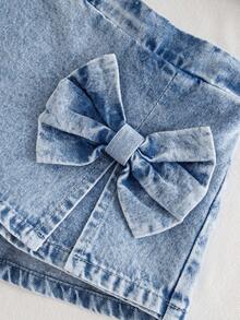 2pcs/Set Young Girl Casual Denim Jacket With Bow And Skort Set, Spring/Autumn - Light Wash - View 4
