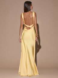 SHEIN BAE Sexy Minimalist Solid Color Yellow/Cream Deep V-Neck Sleeveless Backless Tie Maxi Dress, Suitable For Party, Cocktail, Formal Occasions, Bridesmaid, Birthday, Christmas, Business Casual Open Back Dresses Yellow Wedding Guest Dress,Dresses For Women Elegant