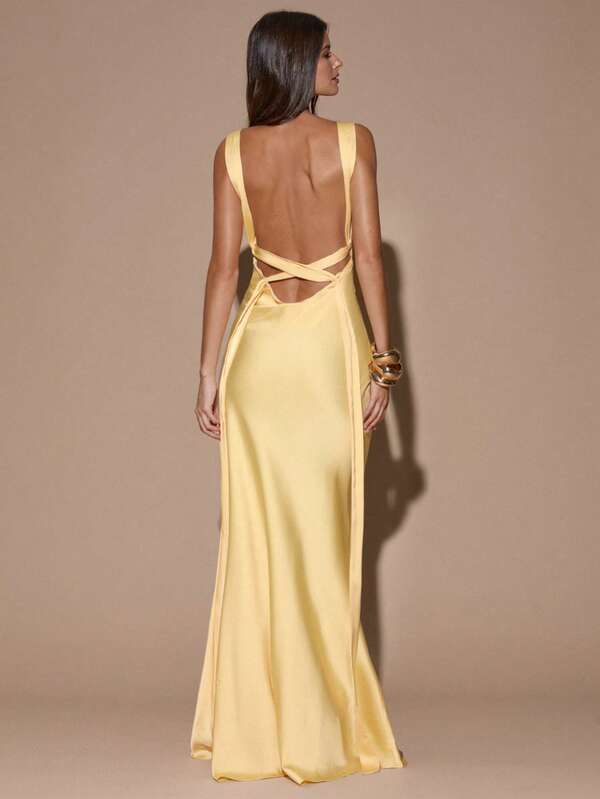 SHEIN BAE Sexy Minimalist Solid Color Yellow/Cream Deep V-Neck Sleeveless Backless Tie Maxi Dress, Suitable For Party, Cocktail, Formal Occasions, Bridesmaid, Birthday, Christmas, Business Casual Open Back Dresses Yellow Wedding Guest Dress,Dresses For Women Elegant,Valentine's Day,Valentine Outfits For Women