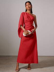 COSMINA 女士优雅金属扣不对称连衣裙 - 紅色 - 查看 3