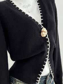 SHEIN Unity Women's Autumn/Winter Metal Buckle Stylish French Ribbed Waist Versatile All-Match Casual Sweater - Black and White - View 4