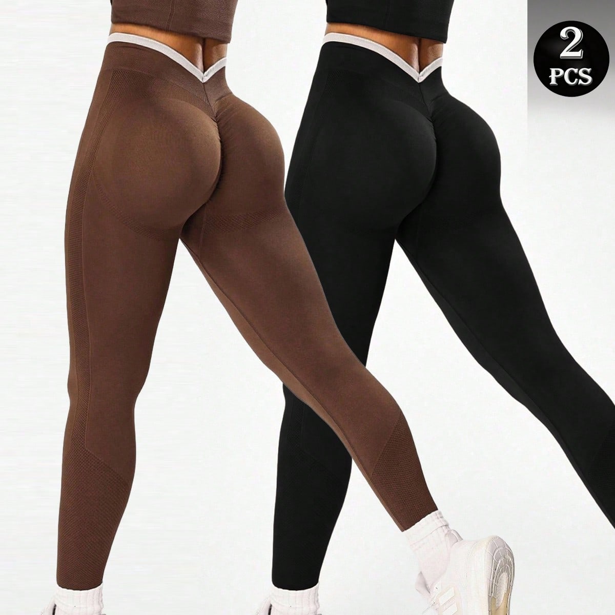 Piezas Pantalones de yoga ajustados con cintura en V en negro y caqui para mujer, ropa deportiva cómoda y elástica