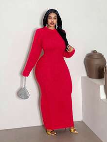 Maweii Váy len dáng dài thanh lịch màu trơn cỡ lớn, thu/đông - Đỏ - Xem 4