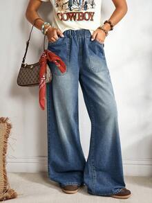 EMERY ROSE 女式松紧腰休闲宽松牛仔裤，带口袋，适合日常穿着 - 藍色 - 查看 5