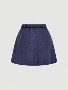 SHEIN MOD Rok A-Line Bahan Fleece Rajut dengan Sabuk Logam Pinggang Tinggi, Musim Gugur/Dingin - Navy Blue - View 2