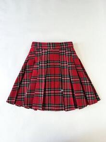 SHEIN 女童服装纯红色圆领刺绣运动衫搭配格子百褶裙女童两件套，红色格子裙套装，圣诞裙套装 - 紅色 - 查看 10