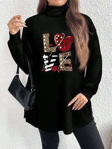 EMERY ROSE Heart Print Casual Minimalist Plus Size Women Black Turtleneck Long Sleeve Long T-Shirt,  Long T Shirt For Women Long Sleeve Graphic Tshirt/Valentine's Day,Flower/Spring/Summer/Vacation - Multicolor - View 3
