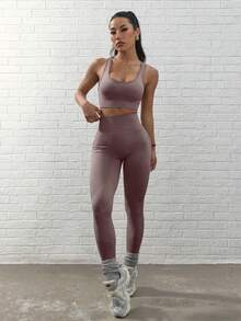 SHEIN Sovereign Charm 女式纯色简约休闲背心和裤子运动套装 - 棕色 - 查看 5