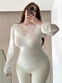 Dazy Plus Plus Size Women Contrast Lace Elastic Tight Fitted Cropped White Long Sleeve T-Shirt - White - View 4