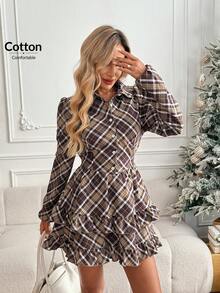 Easowa Autumn/Winter Fashion Plaid Mini Dress For Women, Lantern Sleeve, V-Neck Waist, Layered Ruffle Hem, Bow Back, Half-Placket Shirt Dress Christmas Clothes Winter Women Clothes Women Long Sleeve Dress Checkered Dress Plaid Dress Women Ruffle Hem Dress Button Up Dress