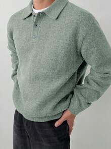 DAZY Men's Solid Color Polo Neck Long Sleeve Casual Sweater, Autumn - Green - View 2