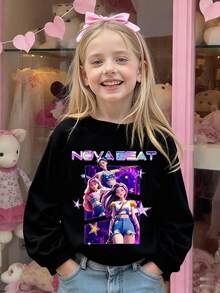 1pc Tween Girl K-Pop Cyberpunk Style Colorful Star Slogan Print Casual Comfortable Crew Neck Long Sleeve Sweatshirt, Suitable For Teenage Girls In Autumn/Winter - Black - View 4