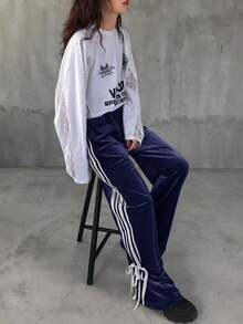 FRIFUL 女士时尚直筒宽松百搭条纹撞色抽绳裤 - 藏蓝色 - 查看 2