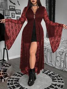 SHEIN Whyspr 加大码万圣节蜘蛛网喇叭袖连帽深色哥特式连衣裙 - 酒紅色 - 查看 4