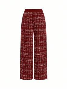 SHEIN Clasi 大码女装三件套：格纹单排扣长款开衫、吊带背心和阔腿裤，适合工作和通勤，秋季穿着。 - 酒紅色 - 查看 11