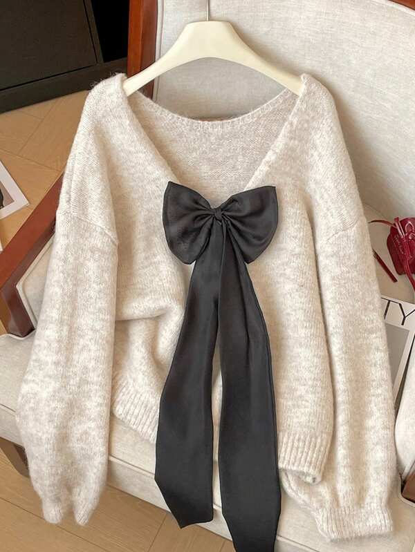 Resyla Women's V-Neck Long Sleeve Oversized Bow Knit Sweater Top, Comfortable & Loose Fit