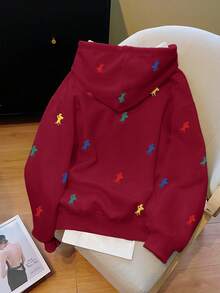 Resyla 女式骑士印花长袖抽绳连帽羊毛衫，秋冬 - 酒紅色 - 查看 2