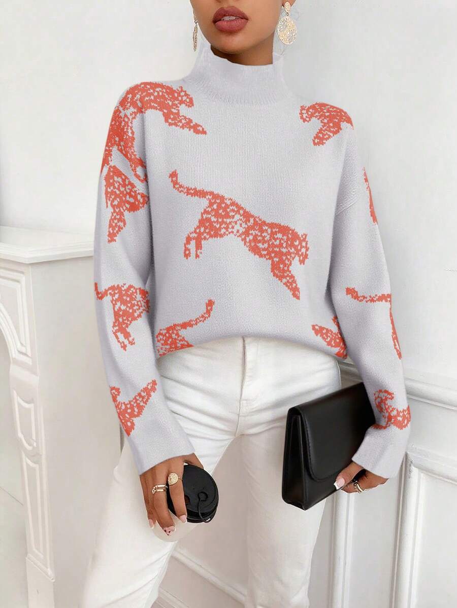 SHEIN Clasi 女式豹纹立领休闲长袖套头衫 - 灰色 - 查看 1