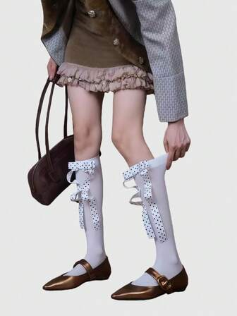 Goth 1 par de calcetines sobre la rodilla de estilo minimalista romántico francés con decoración de lazo 3D de lunares clásicos y lindos en color negro, adecuados para ir al trabajo, de compras, citas, campus, festivales de música, etc.