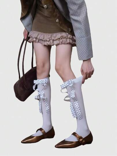 Goth 1 par de calcetines sobre la rodilla de estilo minimalista romántico francés con decoración de lazo 3D de lunares clásicos y lindos en color negro, adecuados para ir al trabajo, de compras, citas, campus, festivales de música, etc.