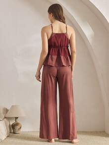 Ocili Women's Contrast Ruffle Hem Camisole And Wide Leg Pants Pajama Set - Rose Red - View 2