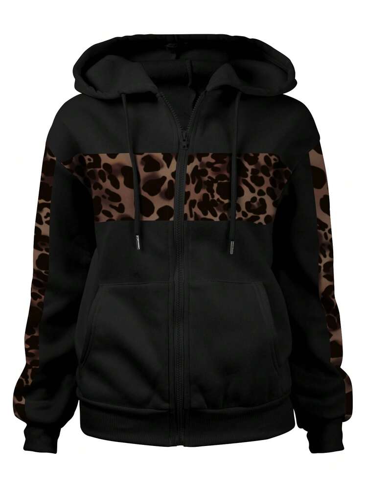 Sudadera informal de talla grande con estampado de leopardo y parches, otoño/invierno - Multicolor - Añade 3