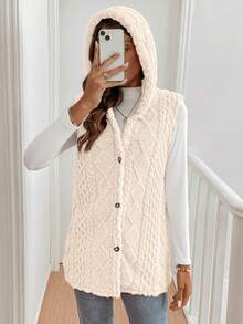 SHEIN LUNE 秋冬休闲纯色连帽无袖人造毛皮夹克 - 米色 - 查看 3