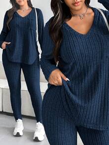 Vionelle Plus Size Solid Color Ribbed V-Neck Long Sleeve Top And Pants Set, Casual For Autumn