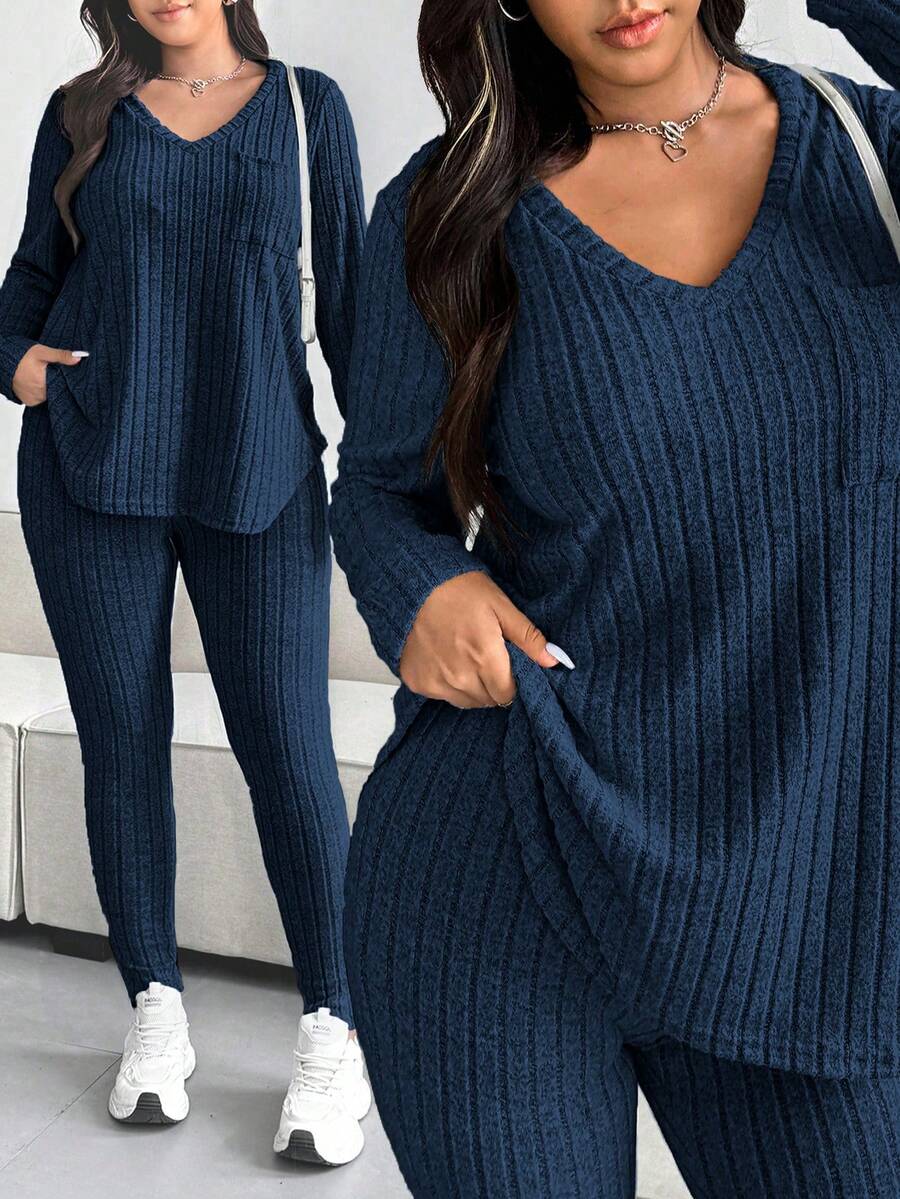 Vionelle Plus Size Solid Color Ribbed V-Neck Long Sleeve Top And Pants Set, Casual For Autumn