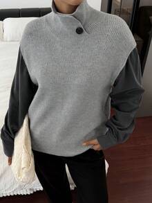 Livesso Women's Loose Business Casual Stylish Street Color Block Patchwork Twist Collar Knit Sweater, Autumn/Winter