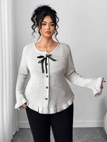 Elenzga Women's Autumn/Winter New Round Neck Bow Knit Long Sleeve Cardigan, Sweet & Soft, Versatile & Fashionable - Light Grey - View 3