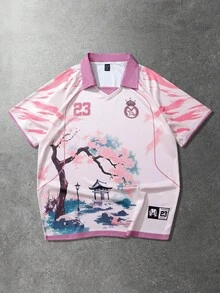 ROMWE MEN Prep Áo thun Polo nam, Áo thun Polo tay ngắn in họa tiết hoa anh đào và chữ tiếng Anh thể thao thường ngày - Hồng - Xem 3