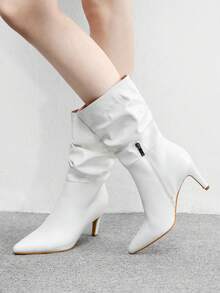 CUCCOO BIZCHIC 女士尖头细高跟白色时尚一脚蹬褶皱绒面中筒靴 - 白色 - 查看 4