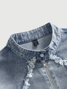 ROMWE MEN Street Life Men's Casual Washed Denim Jacket With Embroidered Digits, Autumn - Blue - View 8