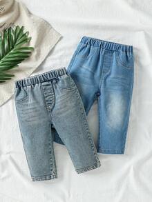 SHEIN Vintaside Kids 2 件套男婴儿童长牛仔裤，适合家庭出游、户外等场合，男童秋季服装，百搭款式，3 个月至 3 岁儿童 - 彩色 - 查看 3